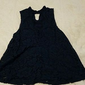 Sassy navy blue plunge neck w choker collar lace